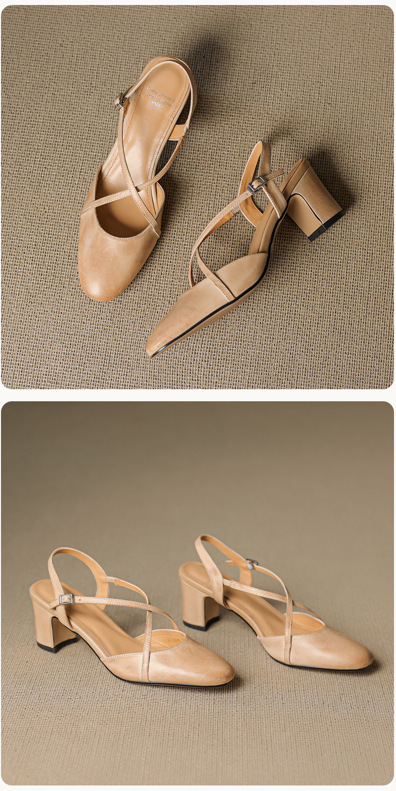 Sandal cao gót nữ mũi nhọn quai chéo buộc dây, gót vuông ổn định — màu trắng ngà chi tiết 21