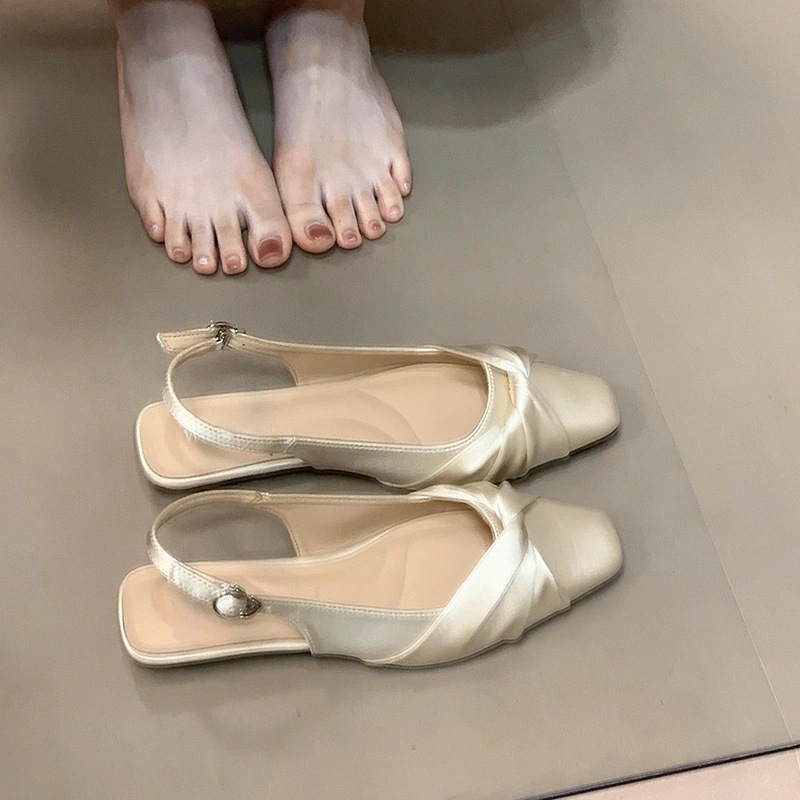 小香风蝴蝶结缎面拼接包头凉鞋女仙女风温柔后绊带单鞋|undefined