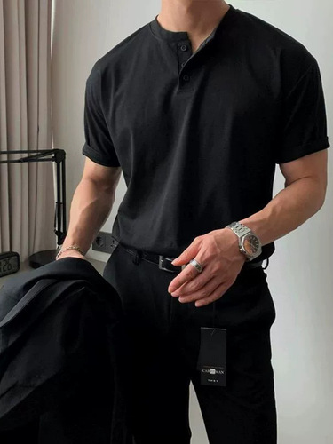 American heavy short-sleeved men's polo shirt mature stable tight cuffs fitness sports casual t-shirt summer Henry collar