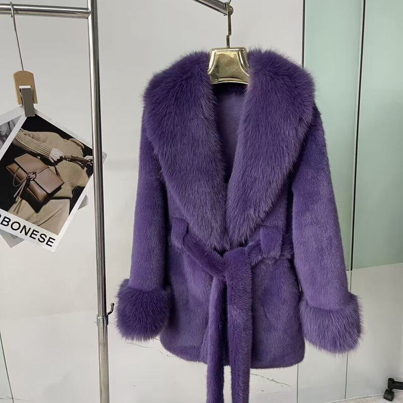 Imitation Mink Fur Coat for Women, Waist-Cinching, with Large Fur Collar, Fur-Lined, Thickened for Winter, Mid-Length, Wholesale for Foreign Trade