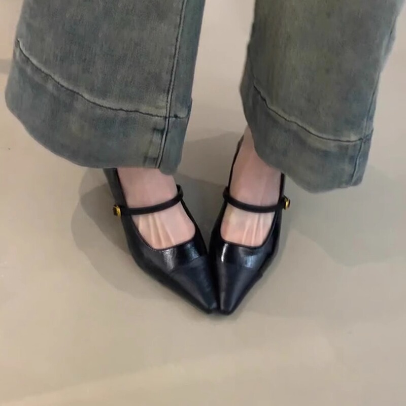 小众版~法式尖头气质小猫跟单鞋女高跟鞋浅口一字扣复古玛丽珍鞋|undefined
