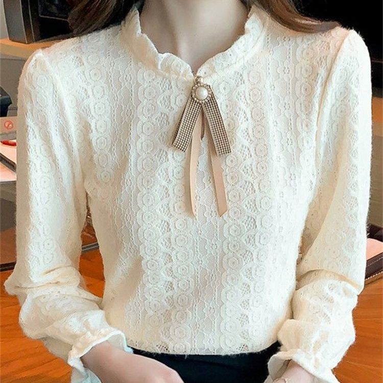2026 Autumn/Winter new style shirt, elegant, fleece-lined, thickened, lace, fashionable, slimming, age-reducing, base layer top, stylish blouse 2026 Autumn/Winter new style shirt, elegant, fleece-lined, thickened, lace, fashionable, slimming, age-reducing, base layer top, stylish blouse