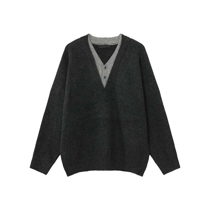 2026 new retro-style trendy two-piece patchwork V-neck sweater for men, loose-fitting and versatile casual pullover for autumn 2026 new retro-style trendy two-piece patchwork V-neck sweater for men, loose-fitting and versatile casual pullover for autumn