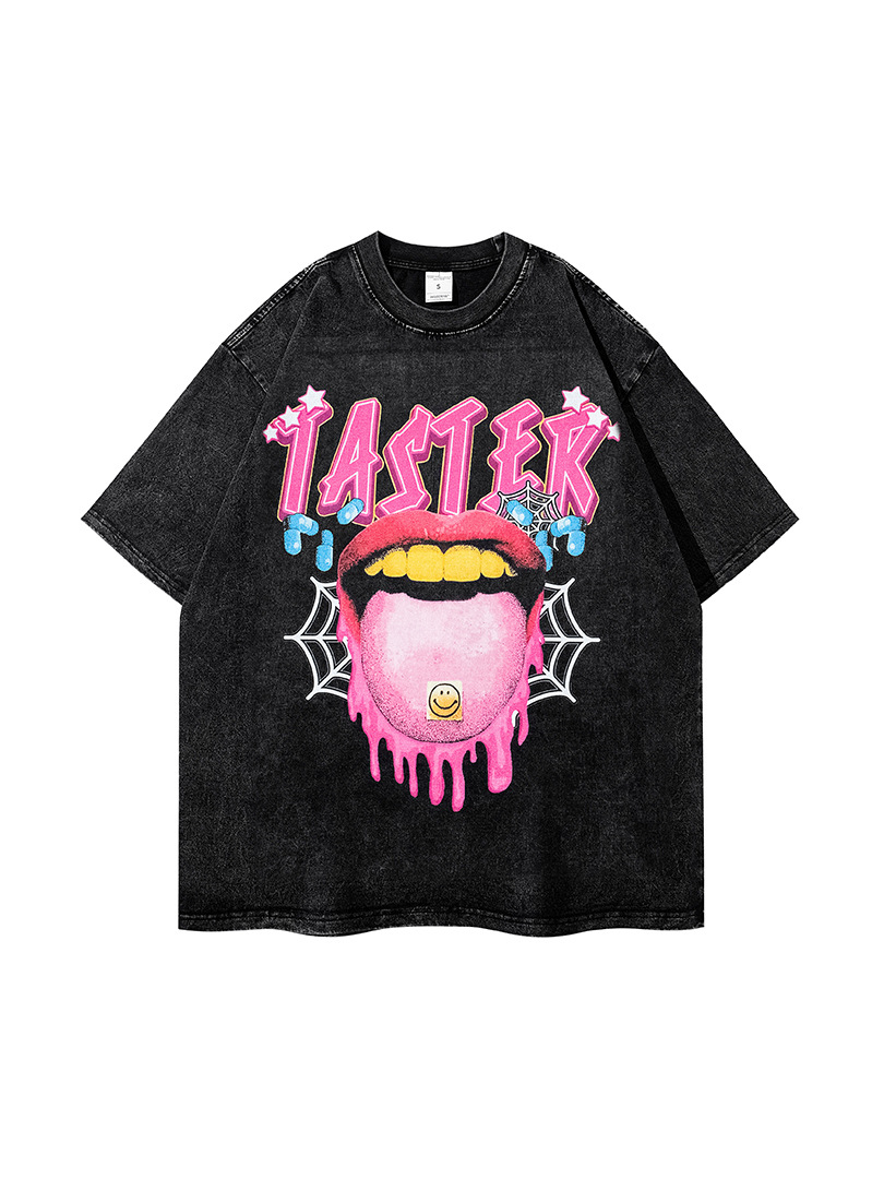 Diversión creativa gran lengua impresa camiseta lavada verano nueva marca de moda hip hop suelta manga corta Camiseta hombres marca de moda estilo americano