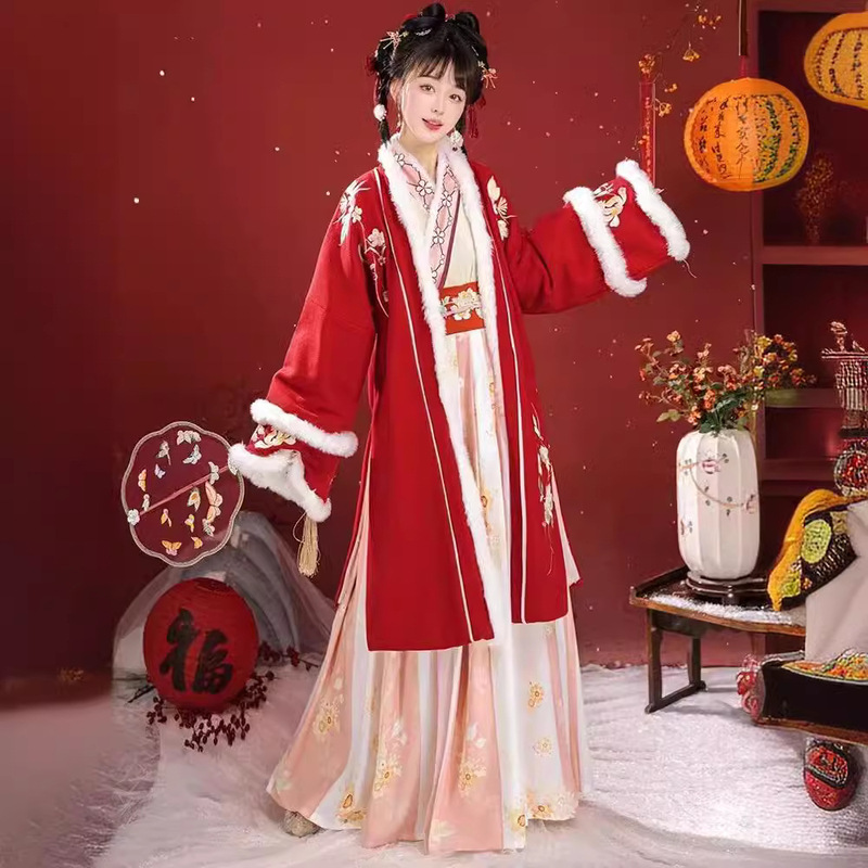Original Hanfu Women's Chinese-style round neck jacket warm New Year battle gown stand collar vest dress winter New Year suit