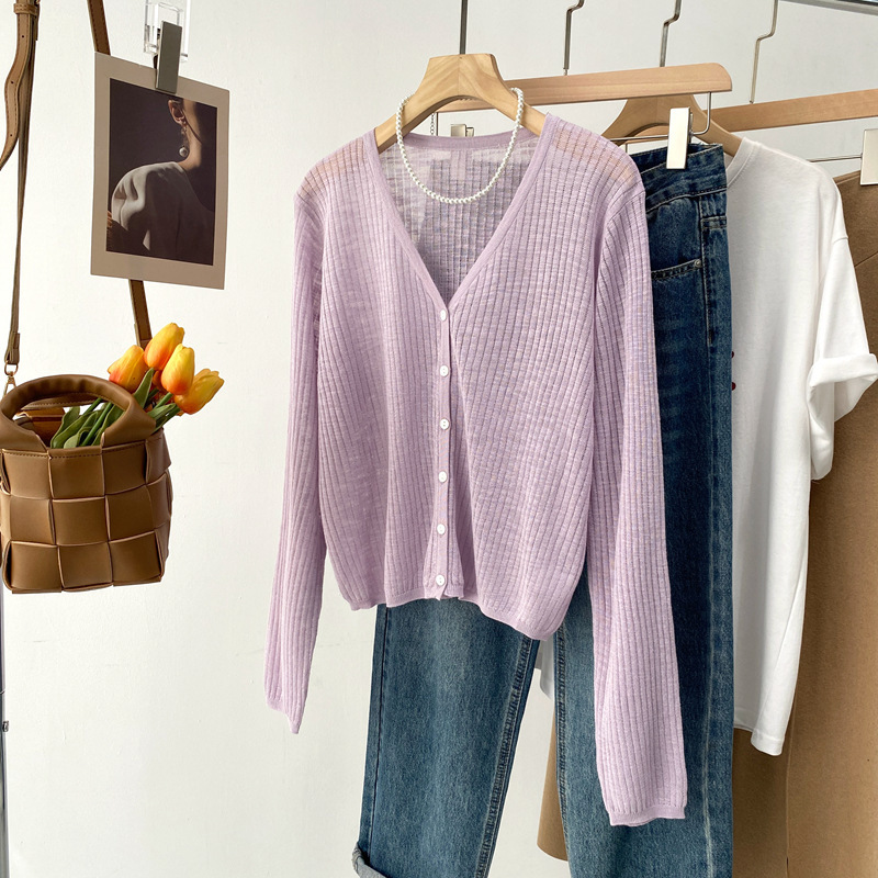 Special Offer with Free Shipping, No Returns or Exchanges, Dopamine-Colored Knitted Cardigan for Women, V-Neck, Thin Ribbed Design, Sun Protection Outerwear 25547