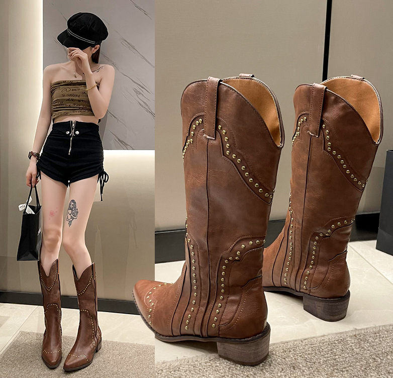 Retro denim universal high boots with studs heels