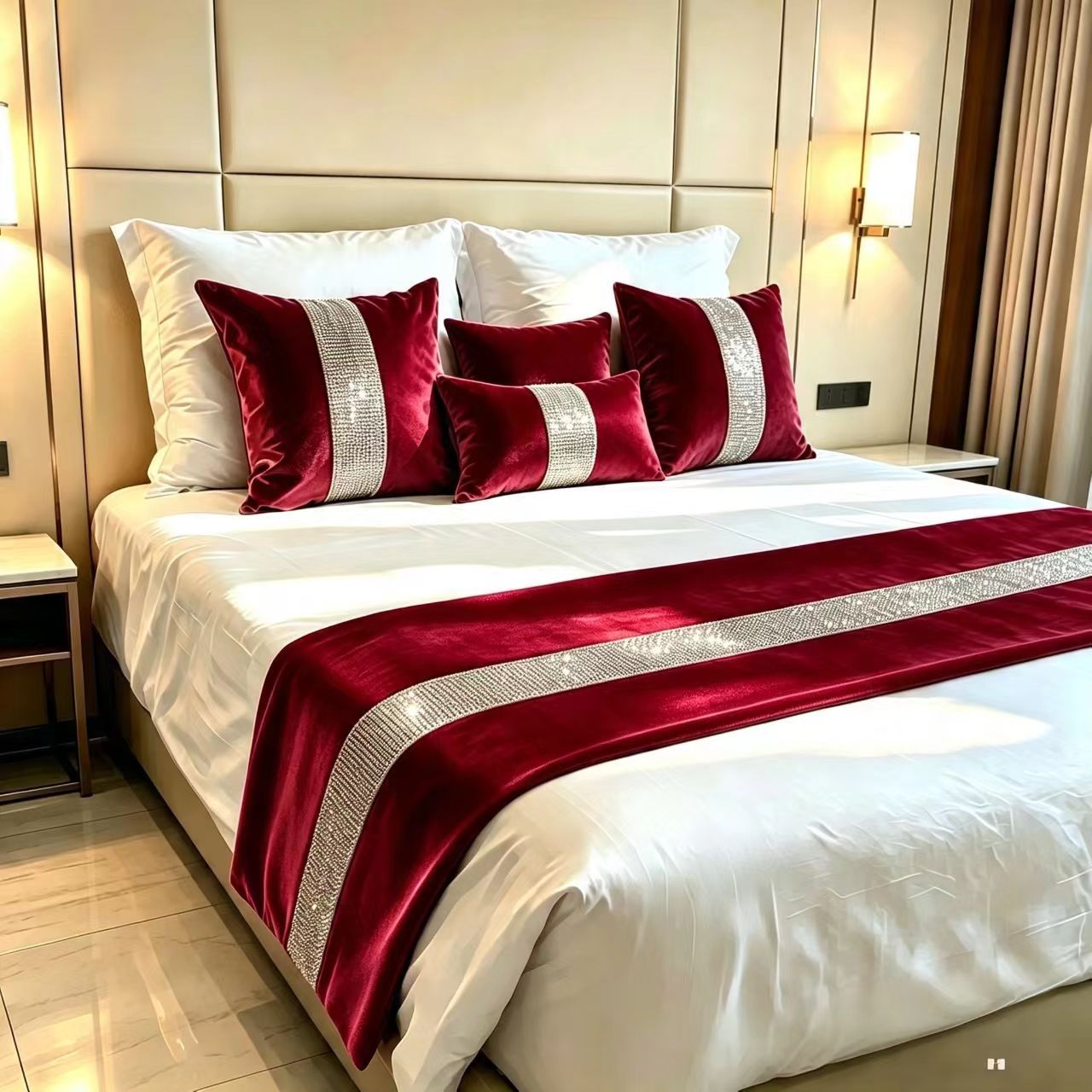 Velvet Luxury Modern Minimalist Bed Runner, Hotel Bed Runner with a High-End Feel, Diamond-Embellished Bed End Runner, Villa Bed Cover, Bed Drape
