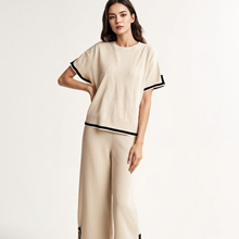 新款时尚套装气质撞色开叉短袖针织衫+高腰显瘦阔腿裤长裤两件套