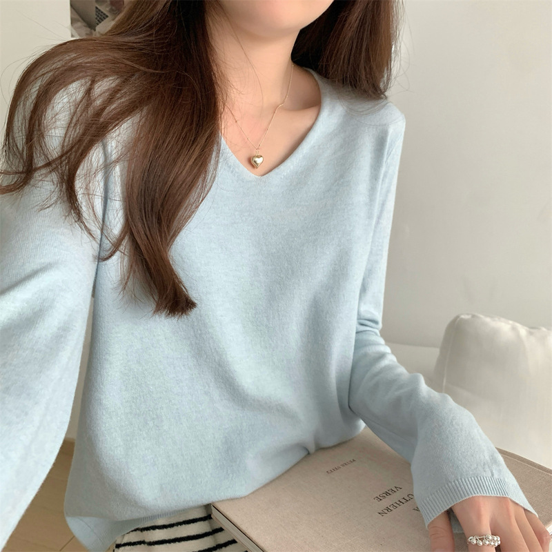 韩版基础款圆领卷边针织衫打底女早秋慵懒风毛衣长袖软糯内搭上衣|undefined