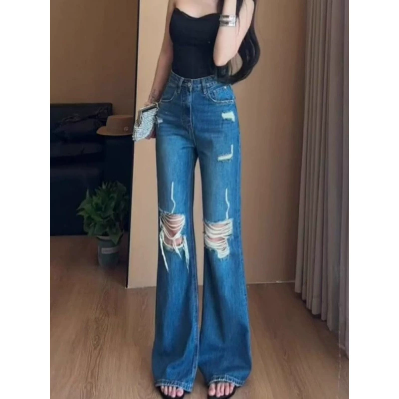 Синие микро-клеш рваные джинсы для женщин весна-лето 2025 новый модный тренд высокая талия узкие прямые брюки "конский копыт"