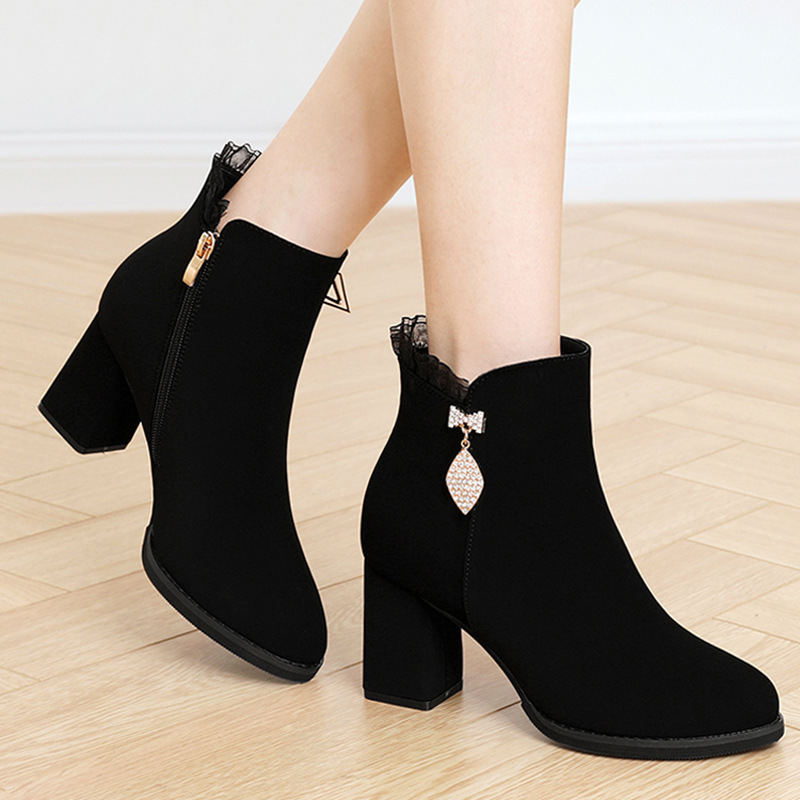 2022秋季新款圆头粗跟短靴韩版加绒侧拉链女靴绒面女鞋子切尔西靴