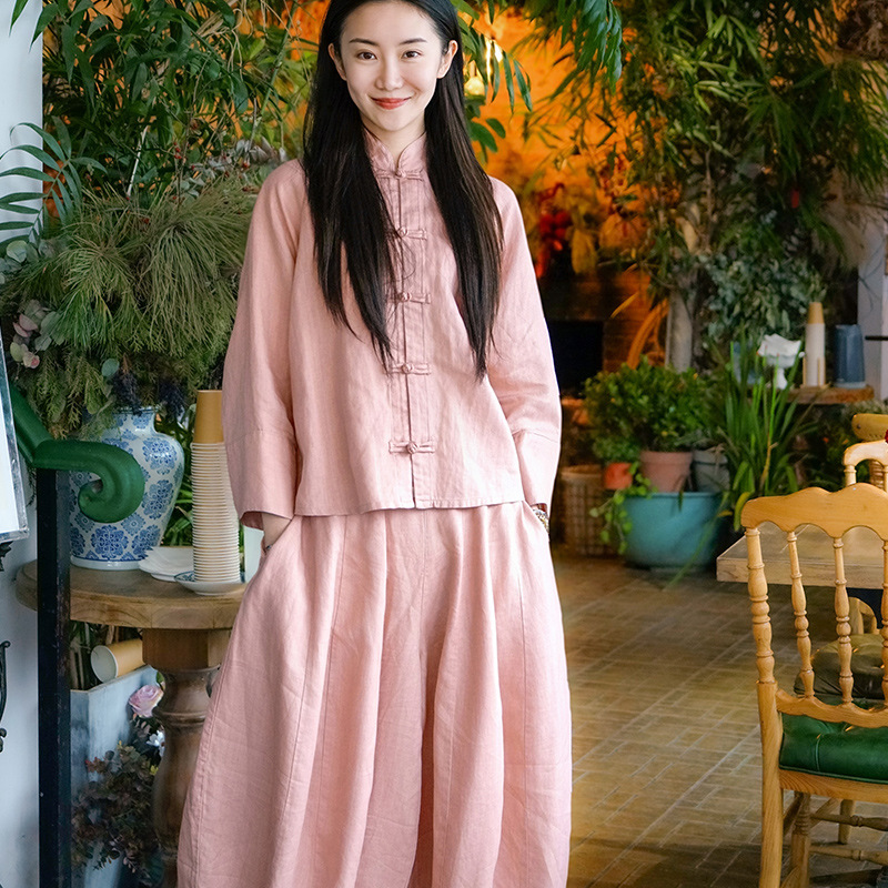 Spring and Autumn New Chinese Long-sleeved Trousers suit Men's and Women's National Style Zen Cotton and Linen Top Ancient Style Vintage Tea Clothes