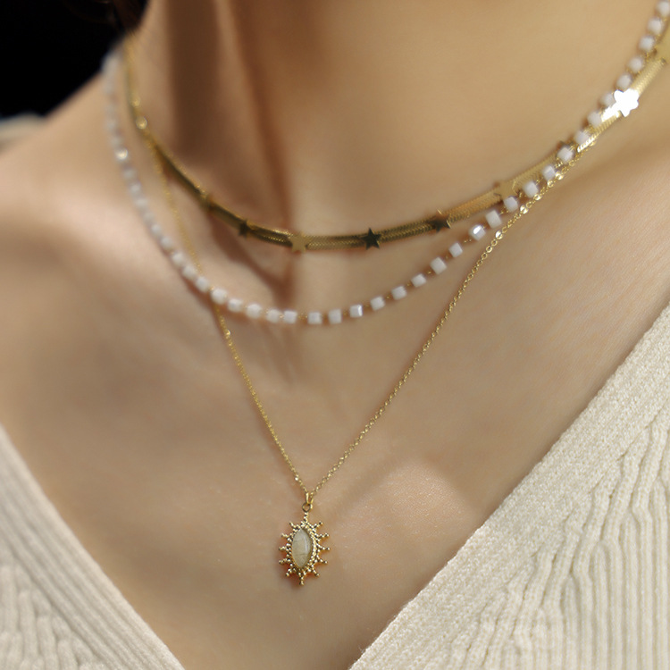 Retro Semicircle Square Titanium Steel Inlay Natural Stone Pendant Necklace 1 Piece