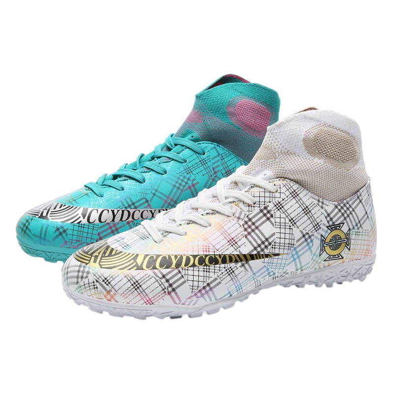 Venta al por mayor zapatos de fútbol resistente al desgaste transpirable Pato Mandarín color alto-top antideslizante Plaid casual corto clavo hierba juventud entrenamiento zapatos