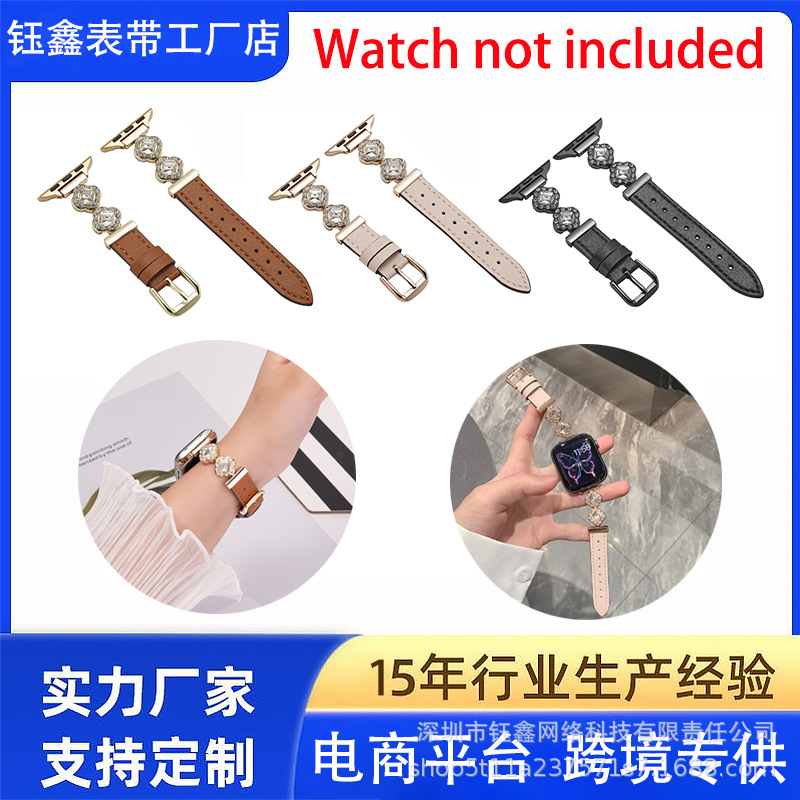 Suitable for iWatch Watch Strap with Sparkling Diamond Leather Apple Watch Strap Four-Leaf Clover Light Luxury Model S10 S11 Watch Strap for Women