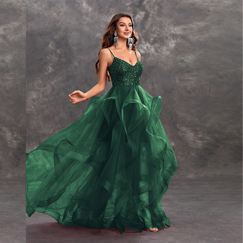 Amazon Cross Border Women's Fashion Long Dress Sexy Strap Ball Evening Dress Bubble Banquet Big Skirt dress