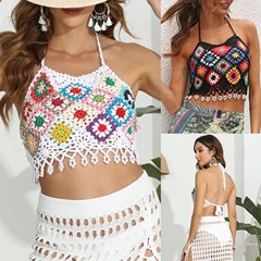 Women's tops cross-border European and American clothing pure hand hook random mixed color stitching strap bikini short top to wrap the chest