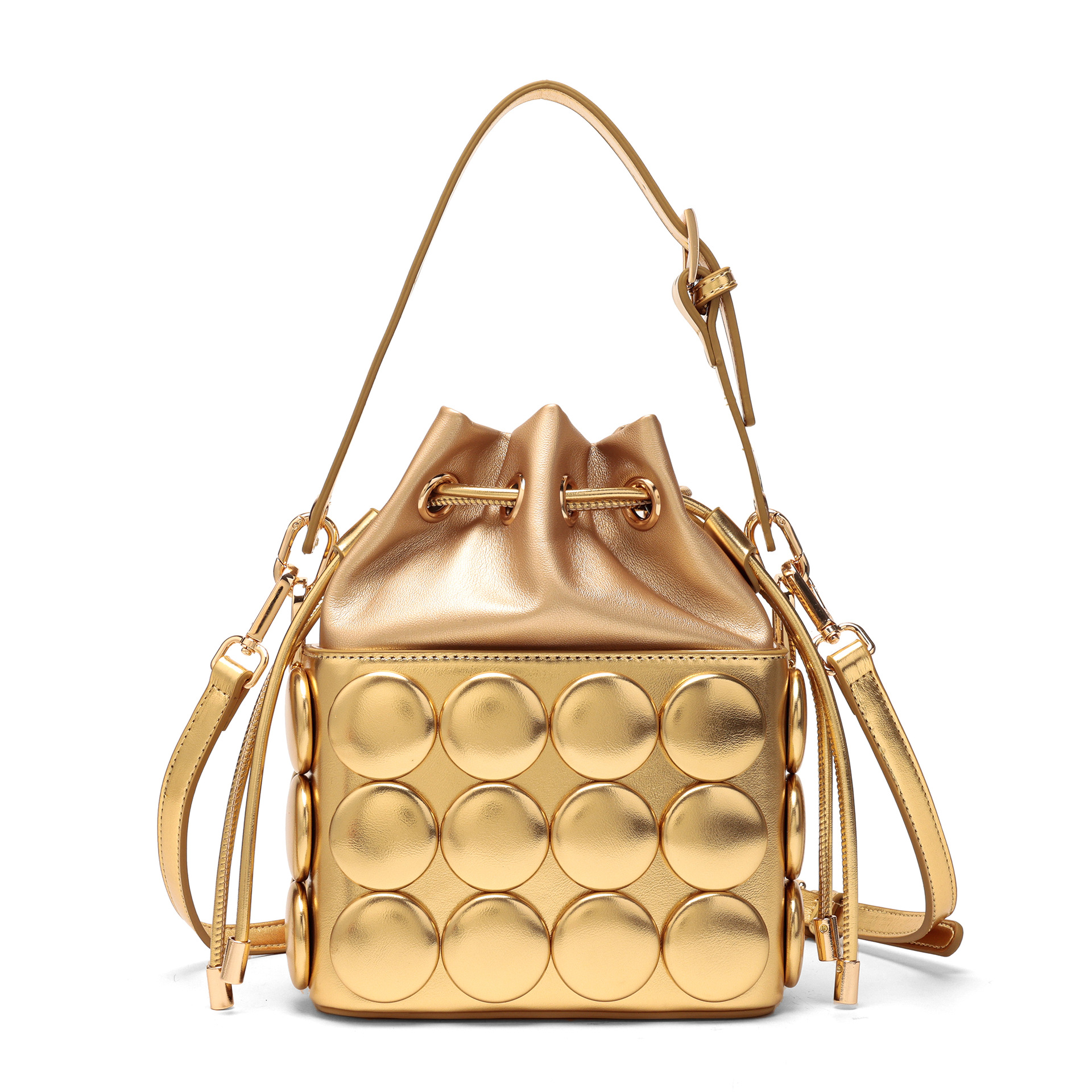 时尚纽扣圆点圆筒包跨境专供手工经典百搭单肩斜挎抽绳水桶包