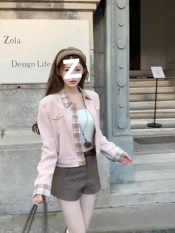 少女巴恩粉色拼接格纹短款外套女秋季韩系小个子休闲百搭夹克上衣|undefined