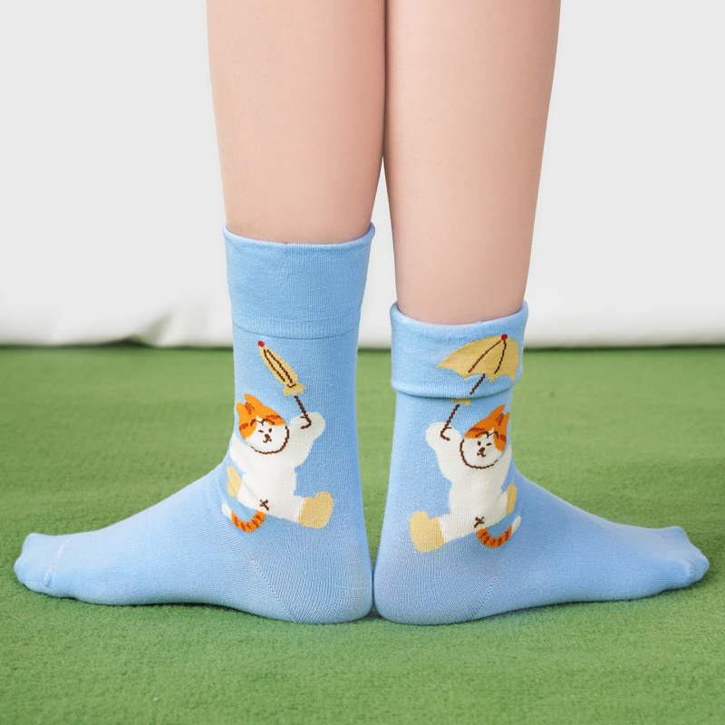 Spring and Summer Dopamine Socks Cotton Women's Happy Little Orange Cat Socks Cute Cartoon Cat Foldable Ribbed Korean Style Trendy