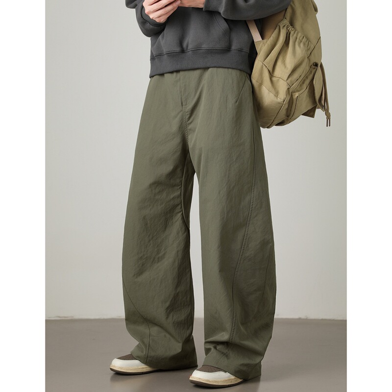 American High Street Style Patchwork Curved Hem Casual Pants, Autumn Vintage Pleated Trendy Brand Loose Straight-Leg Long Pants Q