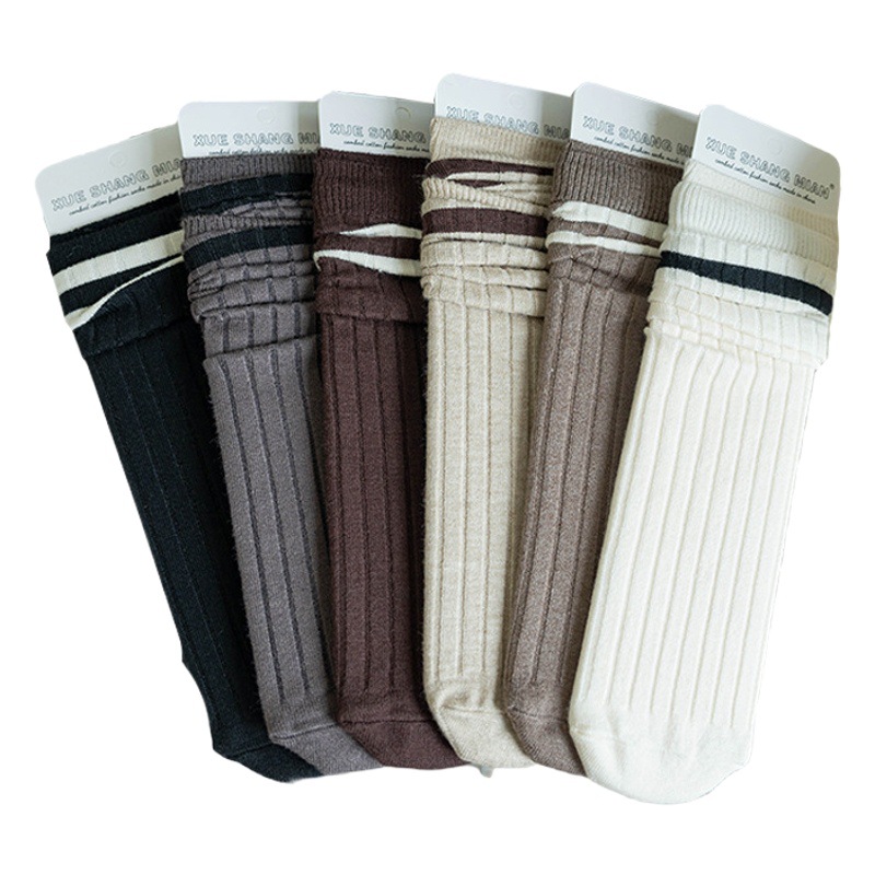 Calcetines de Cachemira de dos barras para mujer otoño e invierno a rayas ins estilo preppy de moda pila color sólido todo fósforo chica media pantorrilla calcetines al por mayor de fábrica