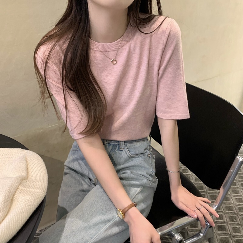 Real Shot of 2025 Spring and Summer Korean Style Ins Style Inner Pure Color Top Round Neck Versatile Short-Sleeved Knitwear for Women 38596
