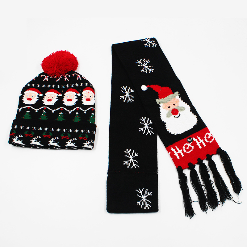 Fabricante transfronterizo de gorros navideños europeos y americanos tejidos en jacquard, gorros navideños de lana con luces LED, gorros navideños con pompón y bufandas. image 53