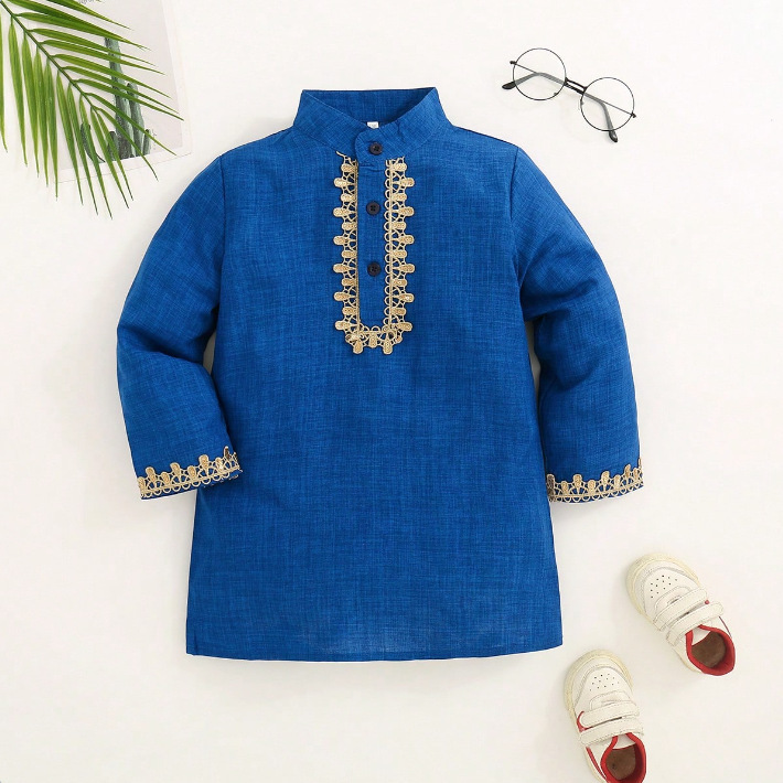 2025 Boys' Spring and Autumn Embroidered Appliqué Long-Sleeve Lace Stand Collar Robe Children's Unique Ethnic Costume