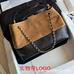 原厂小香风25A麂皮拼接购物袋菱格托特包hobo单肩斜挎包水桶包女