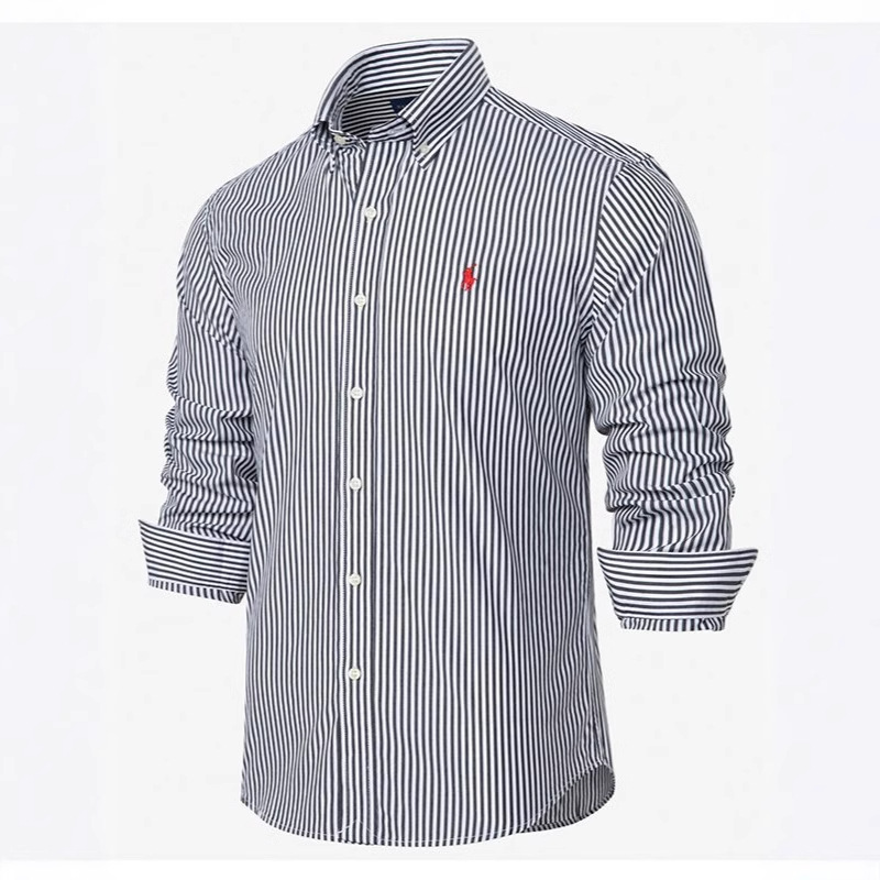 2214 # Camisa de manga larga a rayas, etiqueta de caballo, comercio exterior, camiseta de solapa bordada para hombres, camisa POLO para hombres transfronterizos