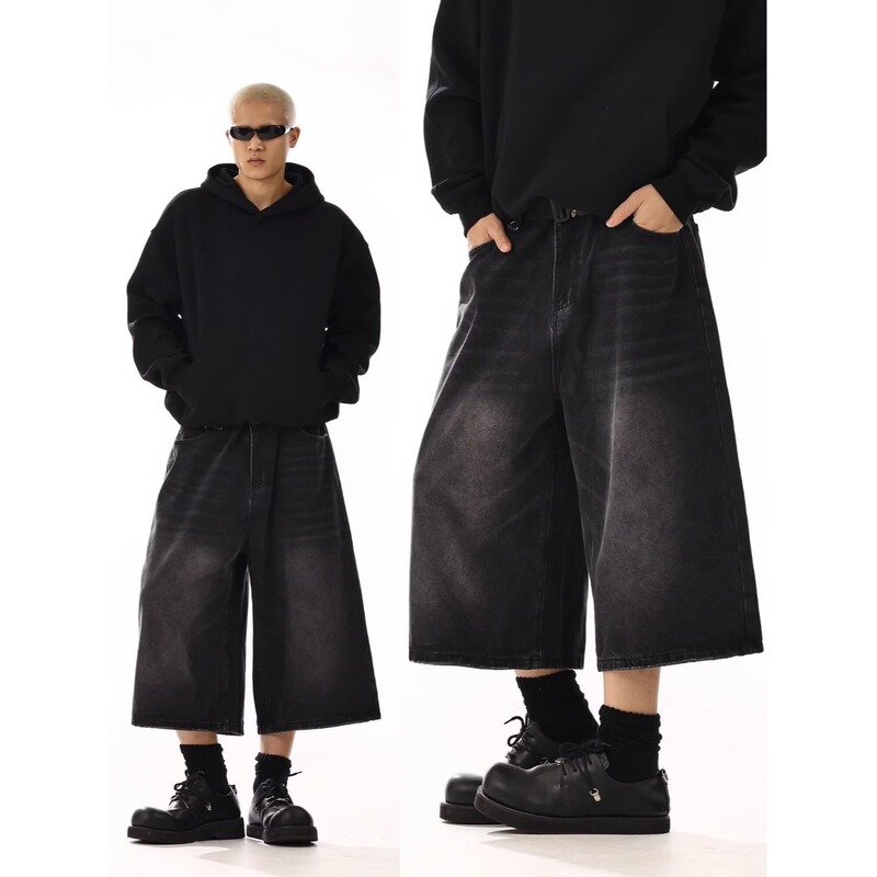 Cross-Border Vintage Washed Cropped Pants for Men and Women, Summer High-End Loose Slimming Straight-Leg Couple Casual Denim Shorts