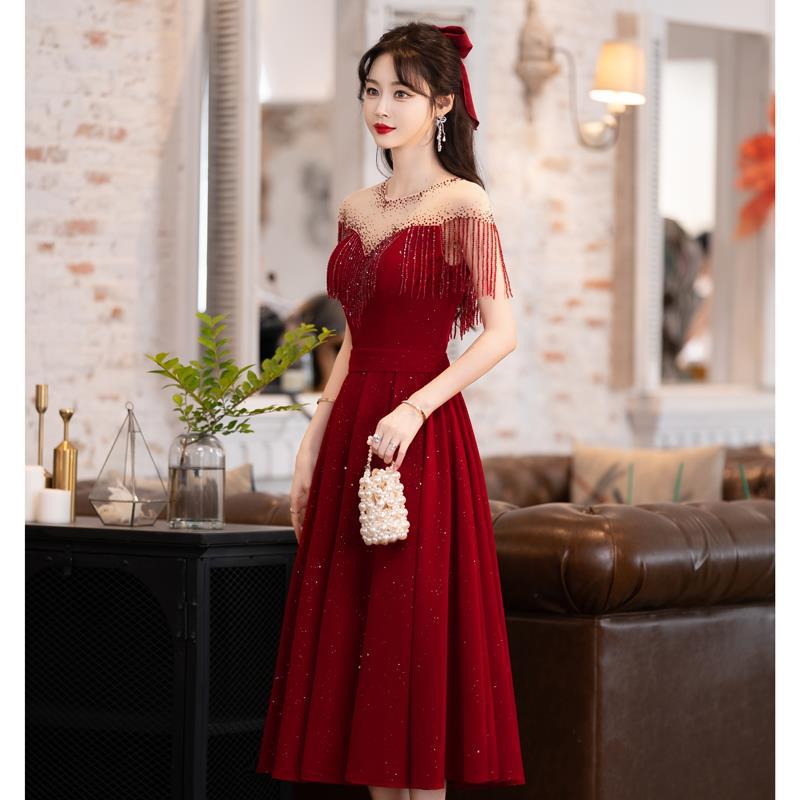 Vestido de novia color burdeos para primavera, para novias de talla pequeña, vestido de compromiso transfronterizo, vestido de noche para mujer.