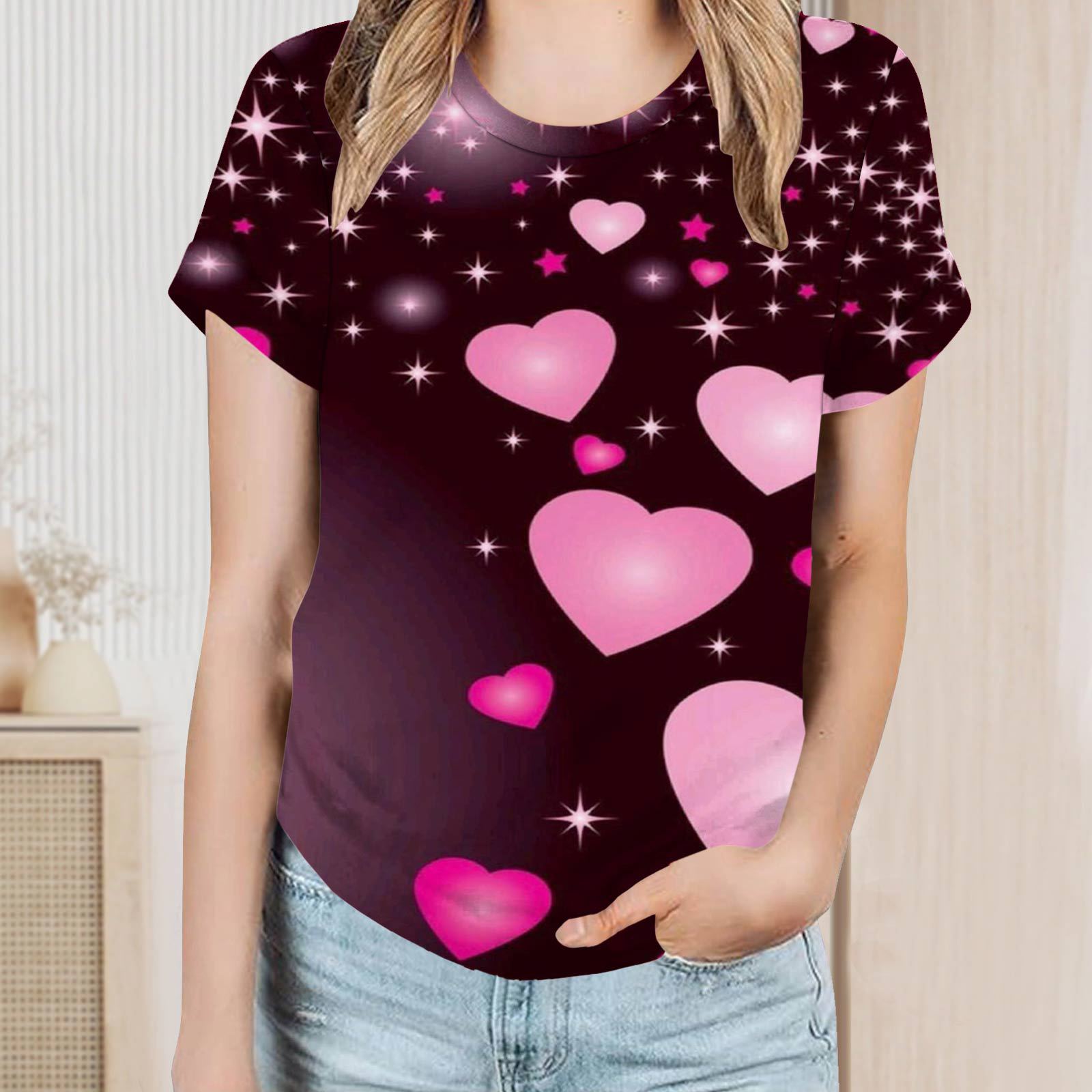 Női kerek nyakú és rövid ujjú póló Valentin-napra szerelmes páros póló digitális nyomtatású rövid ujjakkal._voghion.com