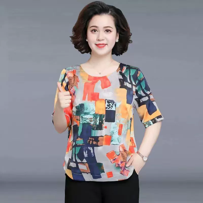 Silk summer clothing for mother, sleeves, summer set, with short sleeve, western style