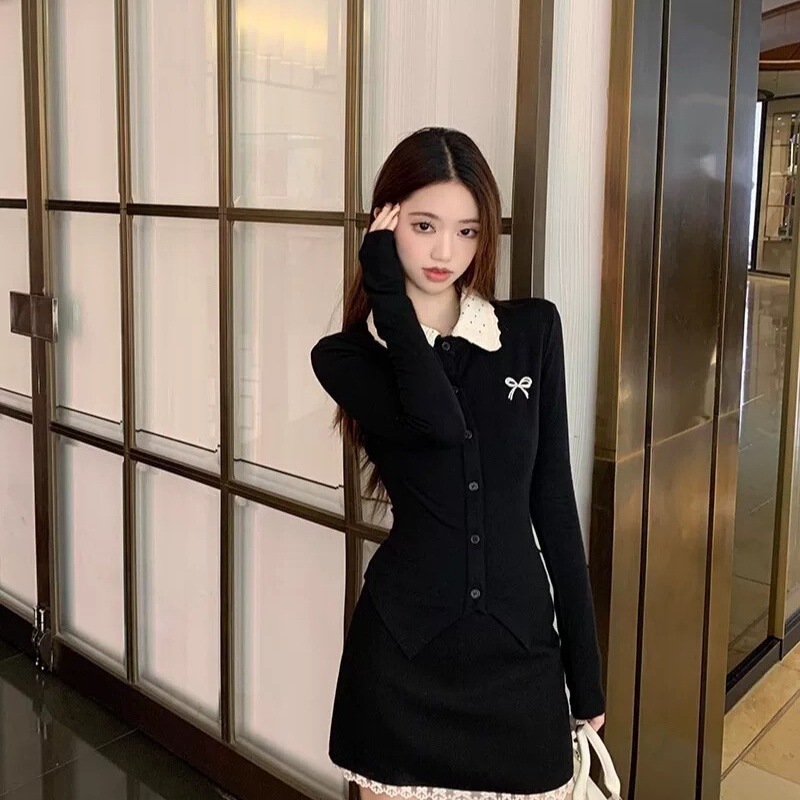 法式气质套装长袖翻领黑色T恤女装春季高腰半身裙两件套|undefined