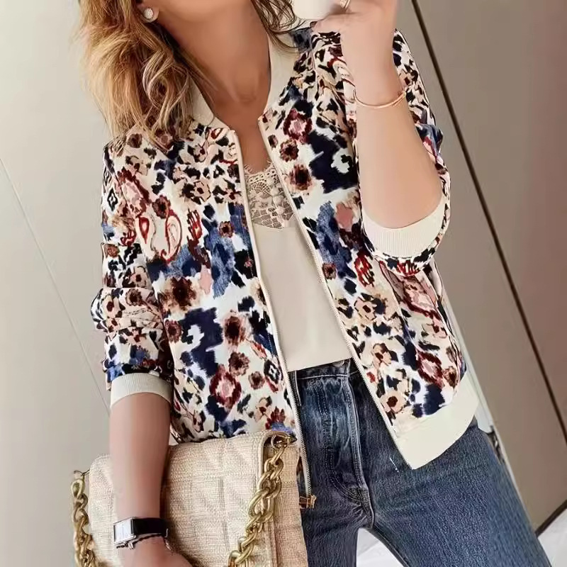 TEMU Women's Jacket Lightweight Zipper Casual Inspired Bomber Jacket Leopard Print Jacket with stand collar and short exterior