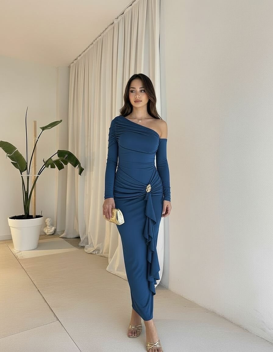Women Asymmetrical One Shoulder Solid Color Long Sleeve High Waist Bodycon Sexy Hip Wrapped Ruched Party Evening Dress_ecoleips.com