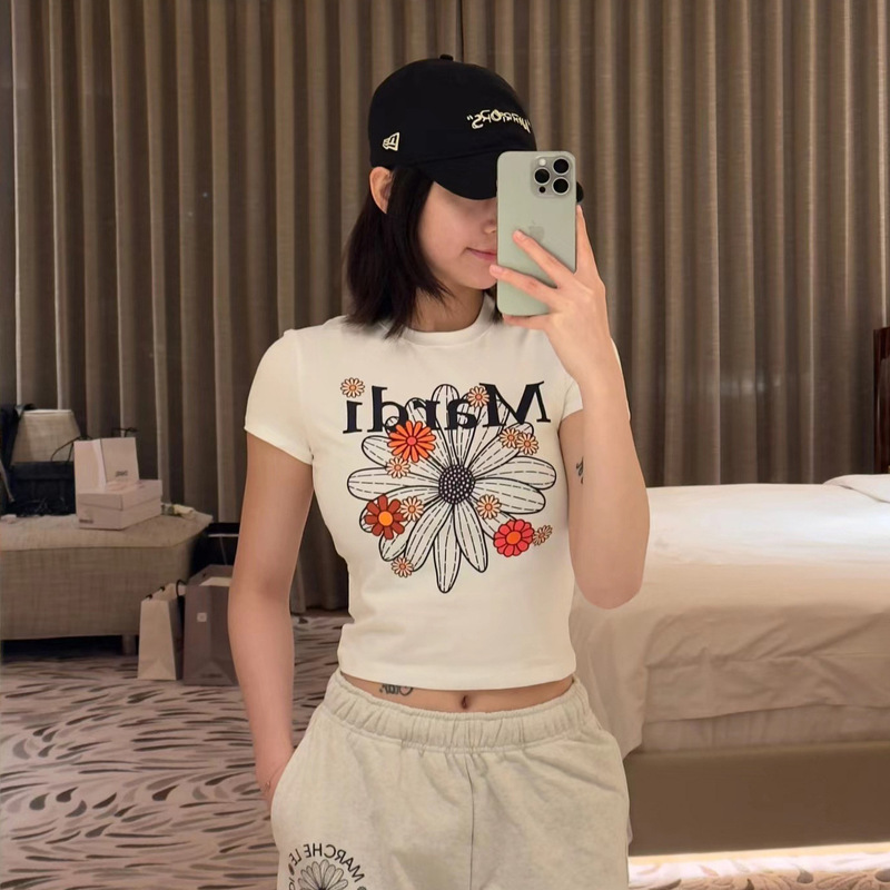 Korean Style Spice Girl Fashion Brand Mardi Short-sleeved T-shirt Women's Little Daisy Dachshund Dog Tight Short Cotton T-shirt Women's Top