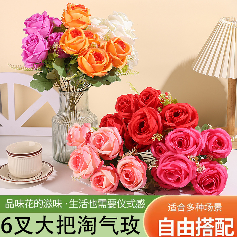 New Model 6-Branch Large Bunch of Playful Artificial Roses, Fake Flower Decoration for Weddings, Photography Props, Export Cross-Border