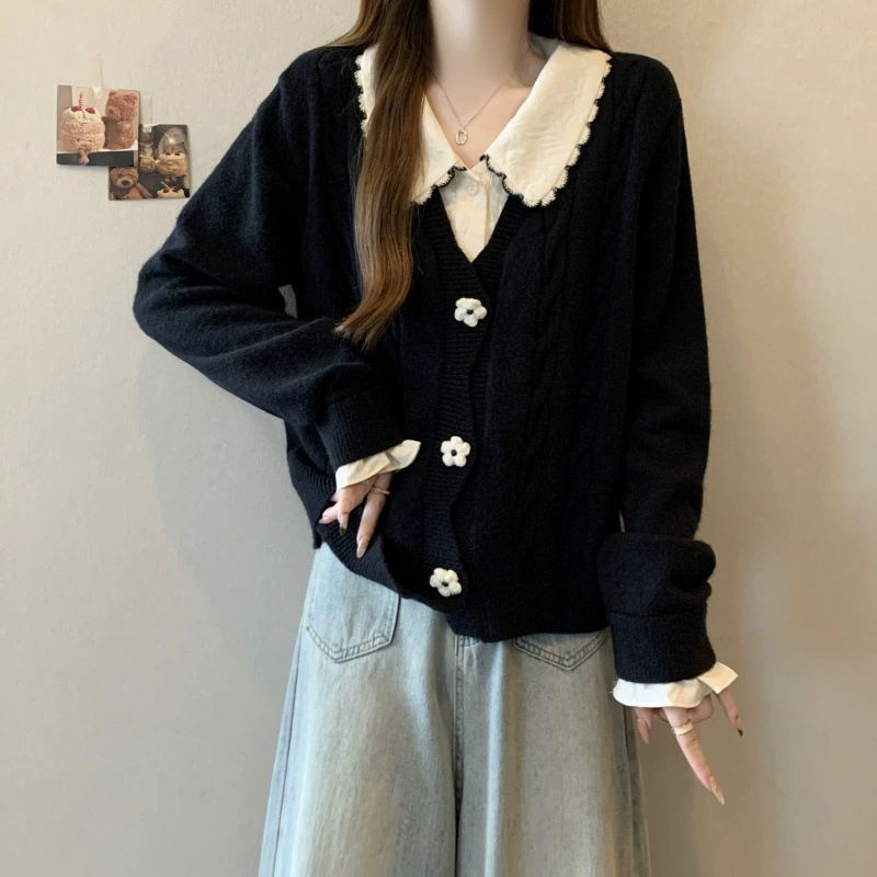 24 больших размеров поддельные два куска с отворотом трикотажный кардиган пальто женский осенний и зимний свитер