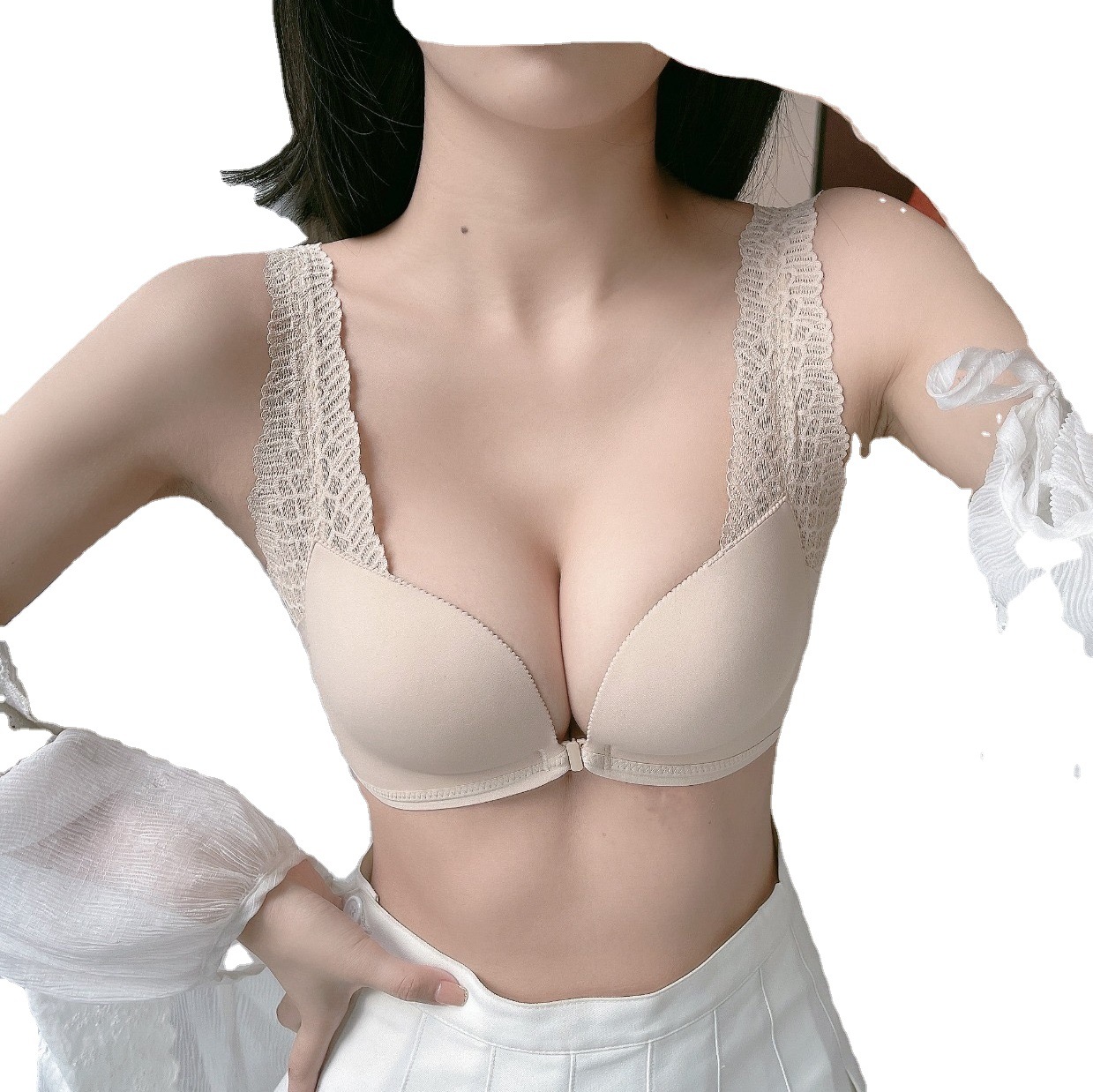 Japonés original de una sola luz de madera chaleco de algodón hebilla frontal belleza sin costuras espalda ropa interior de las mujeres pequeño pecho recogido sujetador inalámbrico 6329