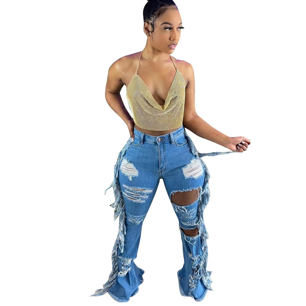 Vintage jeans med hög midja för damer med fransad kant_voghion.com