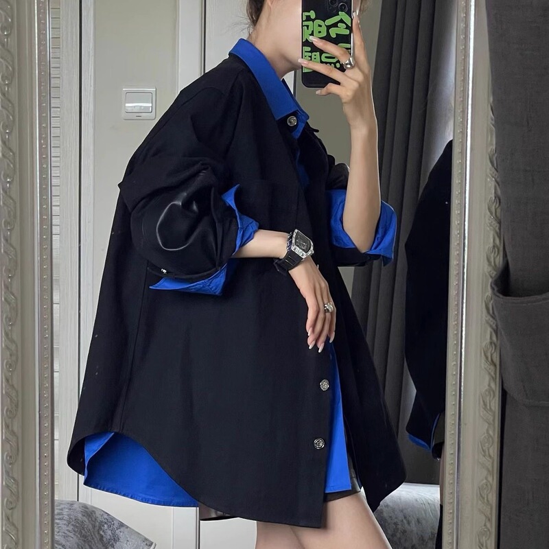 Klein Blue Shirt, Korean Style Retro Hong Kong Style Loose Casual Wear Shirt Klein Blue Shirt, Korean Style Retro Hong Kong Style Loose Casual Wear Shirt