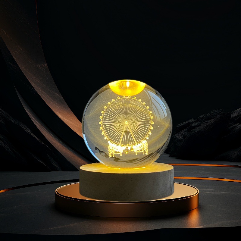 Lámpara de Noche de Cristal con Diseño de Cielo Estrellado 3D, Regalo Navideño, Base Redonda de Madera Luminosa, Lámpara de Mesa, Adorno, Regalo de Navidad