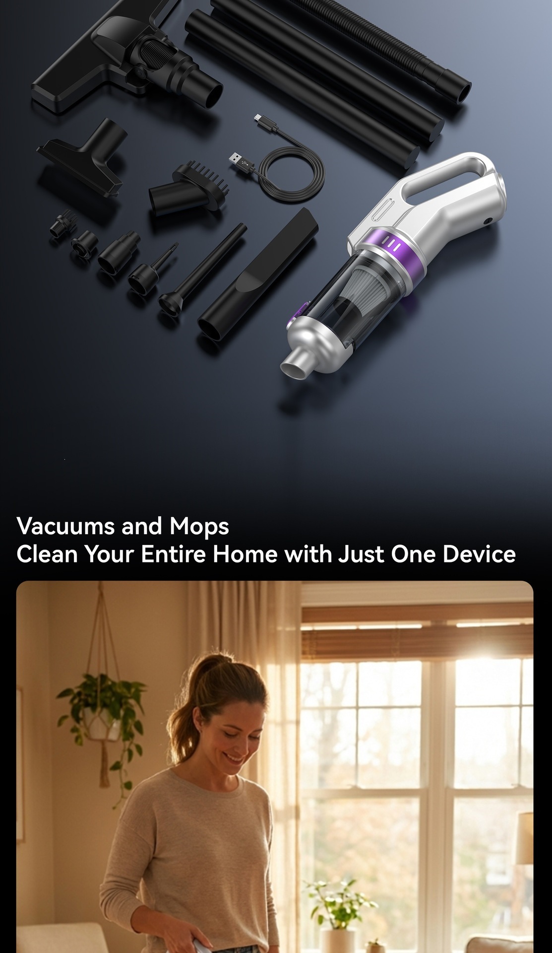 Car-mounted wireless vacuum cleaner, handheld portable digital display floor mop, multifunctional dust-absorbing and air-blowing device for home and car use