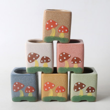 卡通手绘四方蘑菇多肉花盆zakka桌面小盆栽植物花盆拇指盆批发