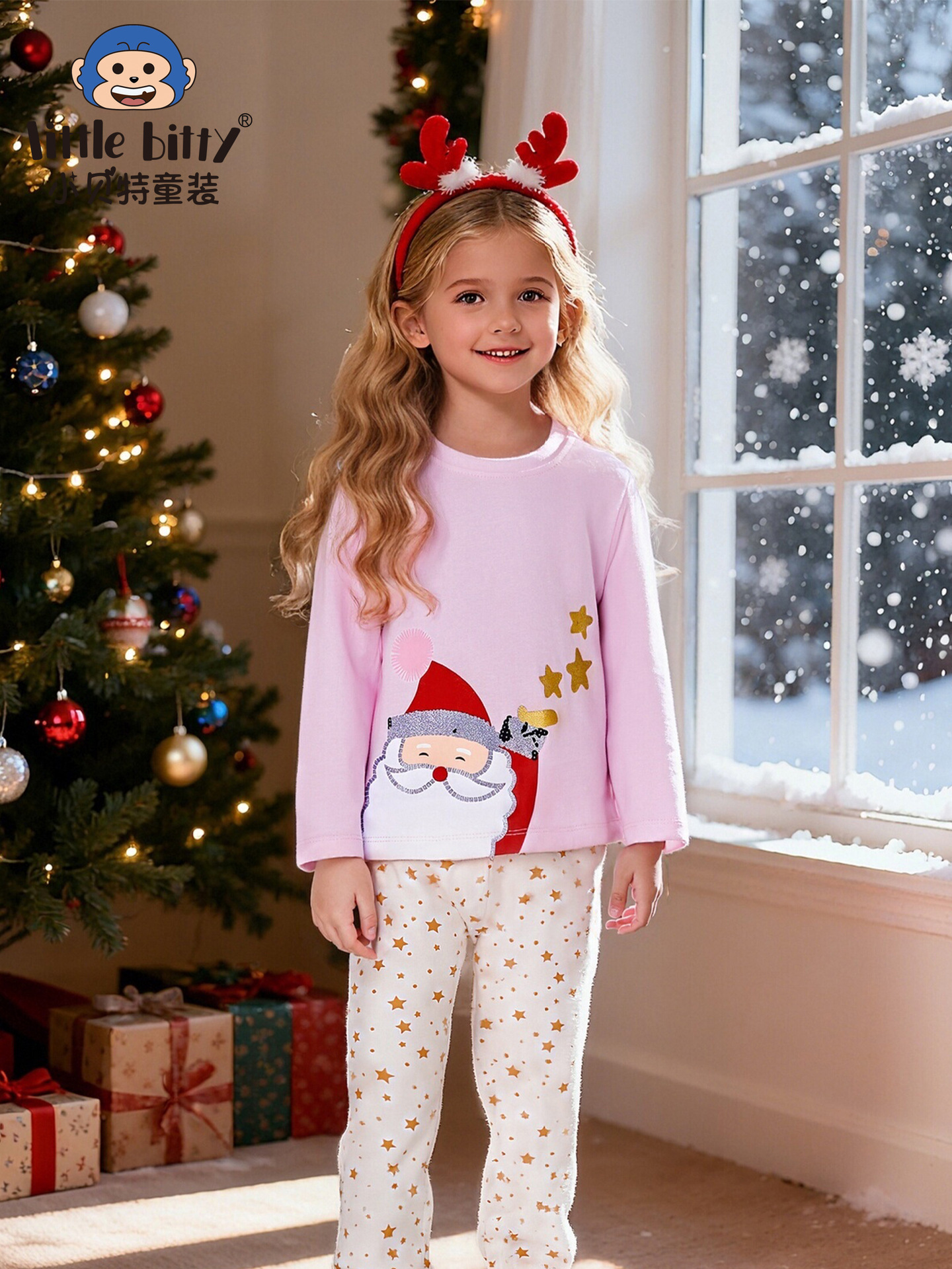 European and American Autumn and Winter Christmas Children's Clothing Long-Sleeved Pants Suit Cartoon Santa Claus Printed Round Neck Pullover Ready Stock