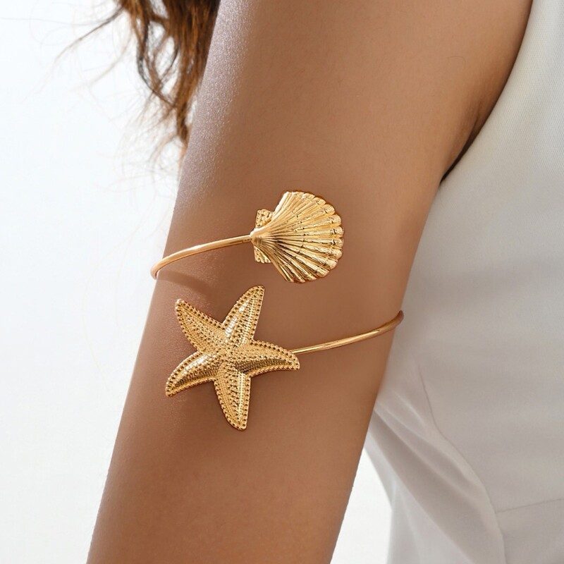 European and American Cross-Border Ocean Style Upper Arm Bracelet Starfish Shell Arm Ring Opening Adjustable Personalized Holiday Jewelry Accessories